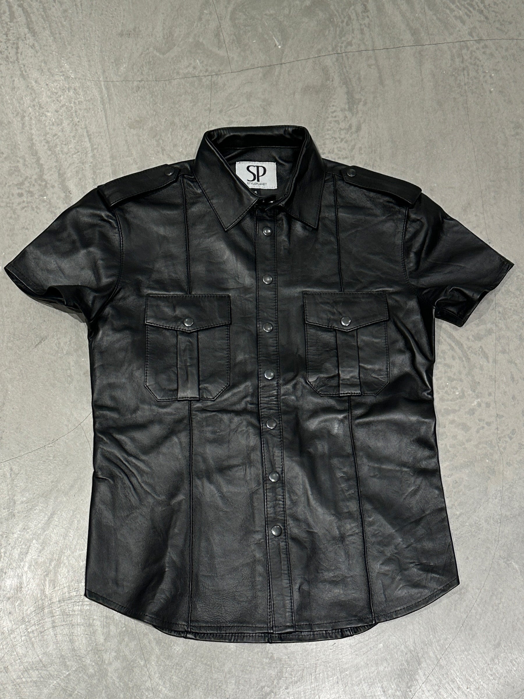 Genuine leather short-sleeved shirt – Black