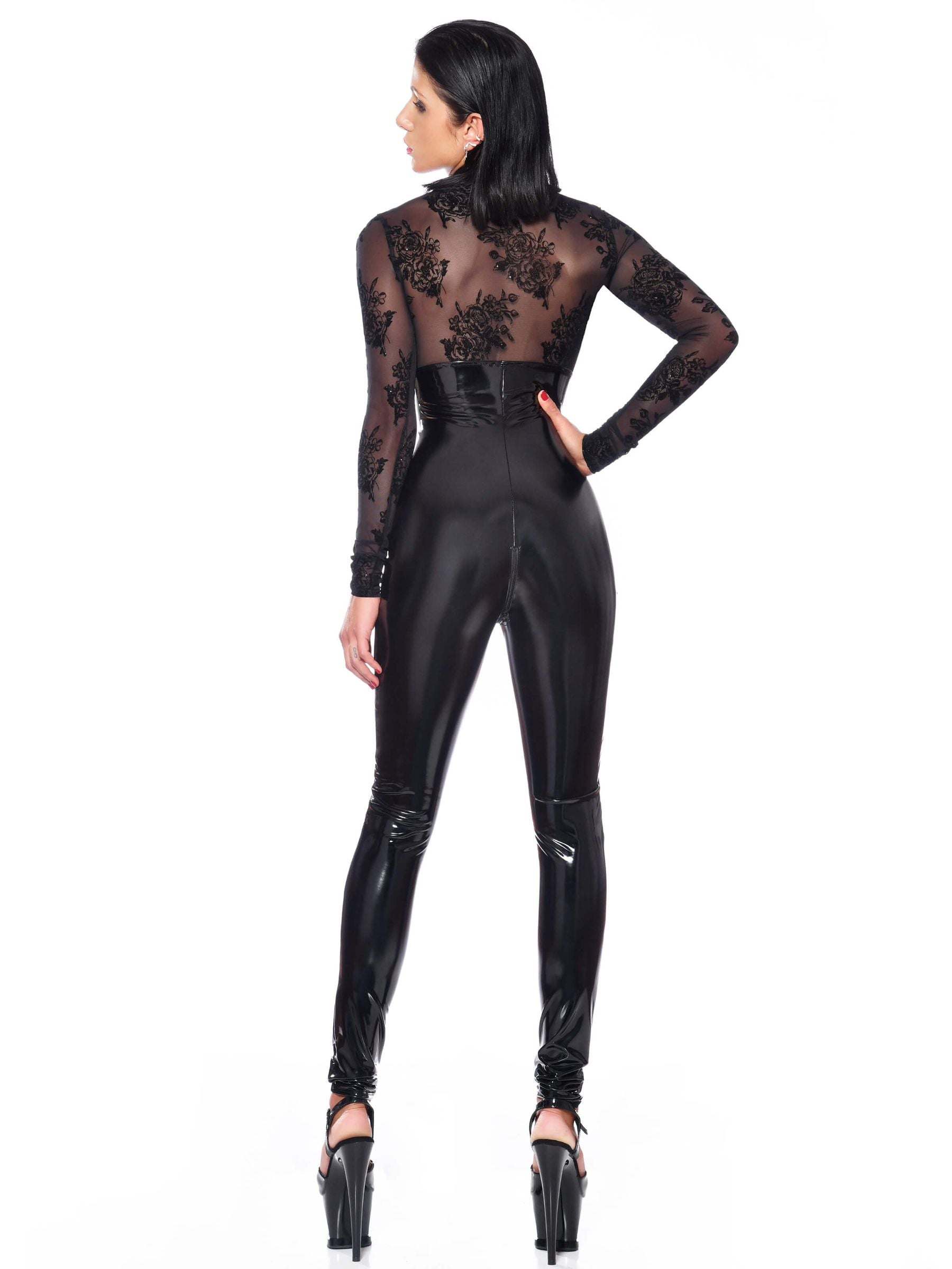 Patent leather mesh catsuit