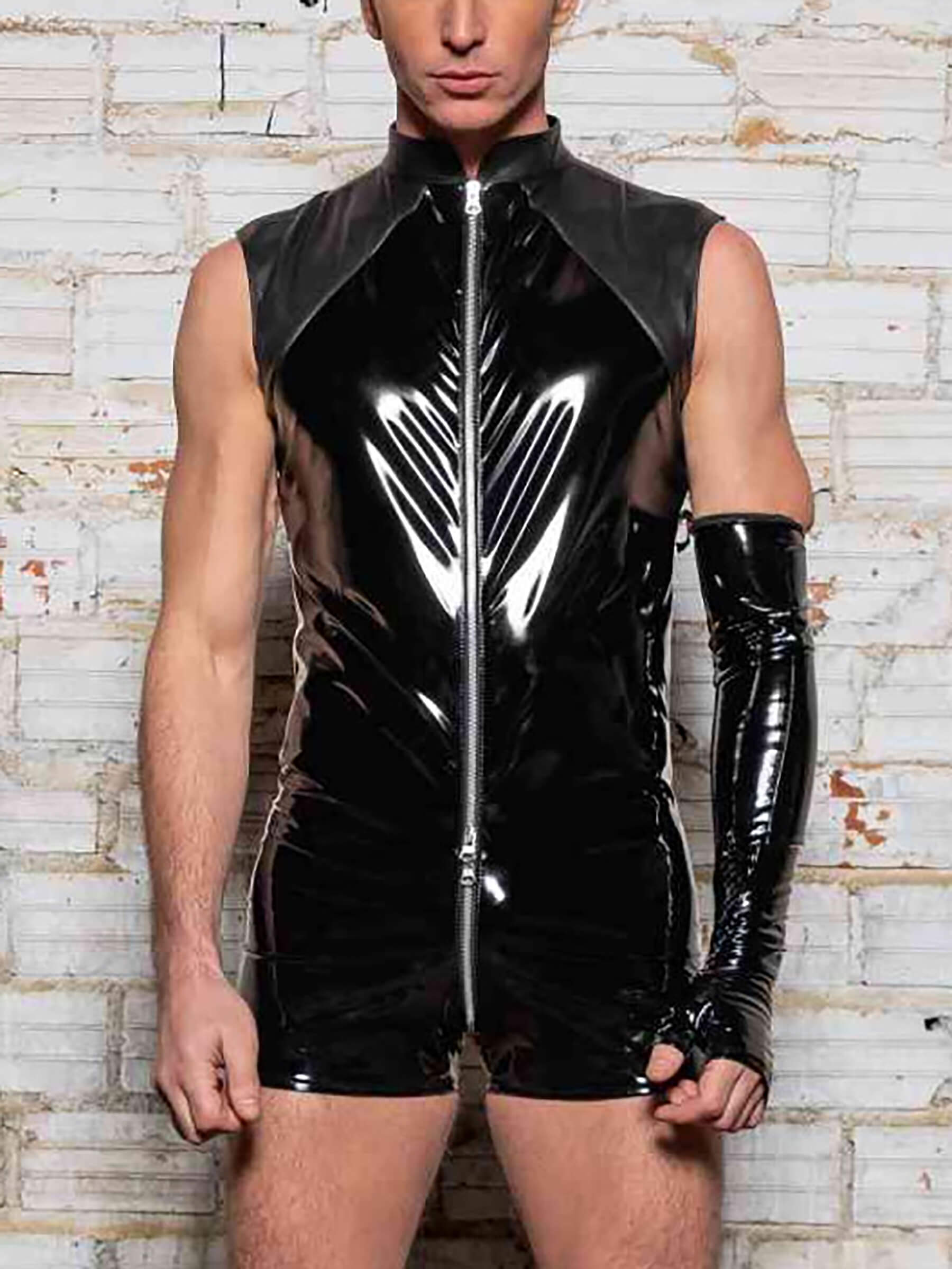 Patent leather faux leather men's bodysuit