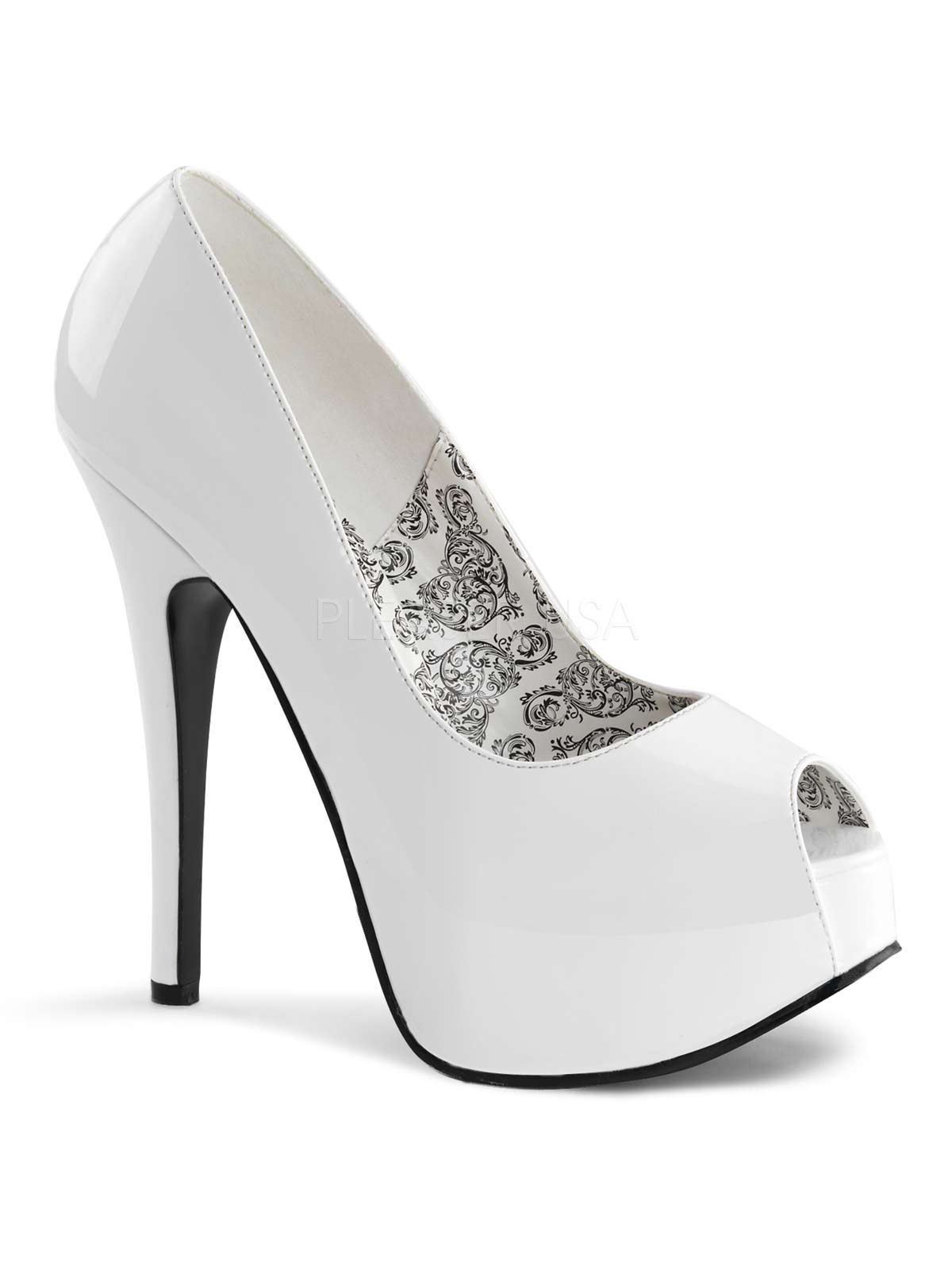 Plateaupump, Pump, Plateaupumps, Fersenstopp, Weisser Lackpump, Lackheels, Plateauschuh, Lackweiss, weiss, Peeptoe, klassischer Plateaupump, Damenplateauschuh, Lack, weisser Highheel
