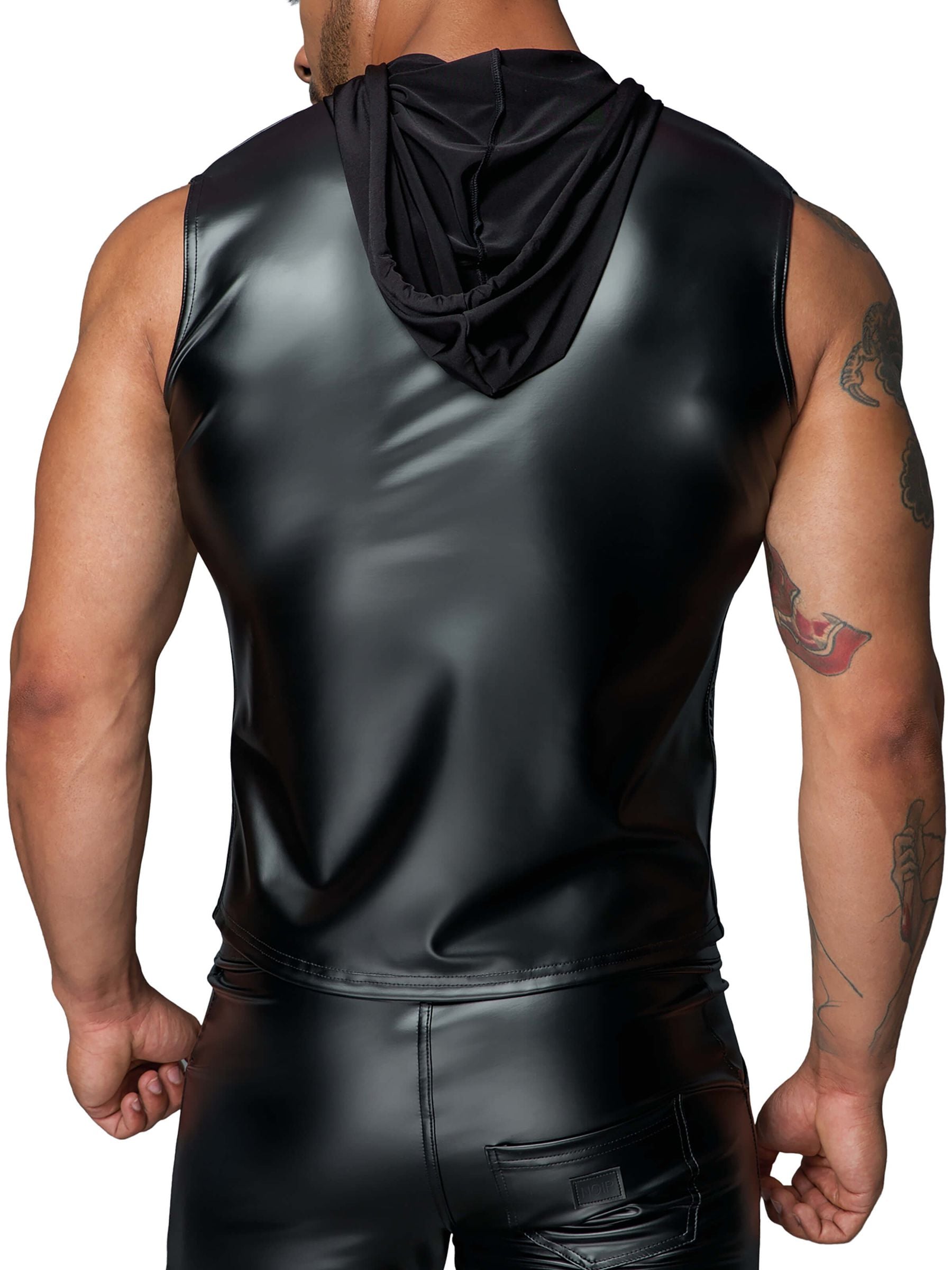 Hooded shirt with two-way zipper, sleeveless, wet look