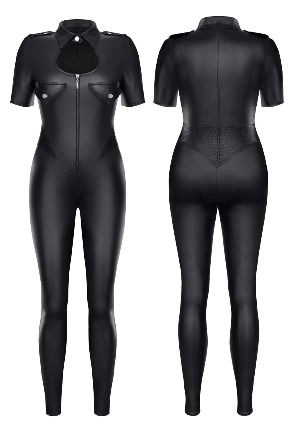Produktansicht: Vorder- und Rückseite des schwarzen Wetlook-Catsuits mit Cut-out, Reißverschluss und Stehkragen.
