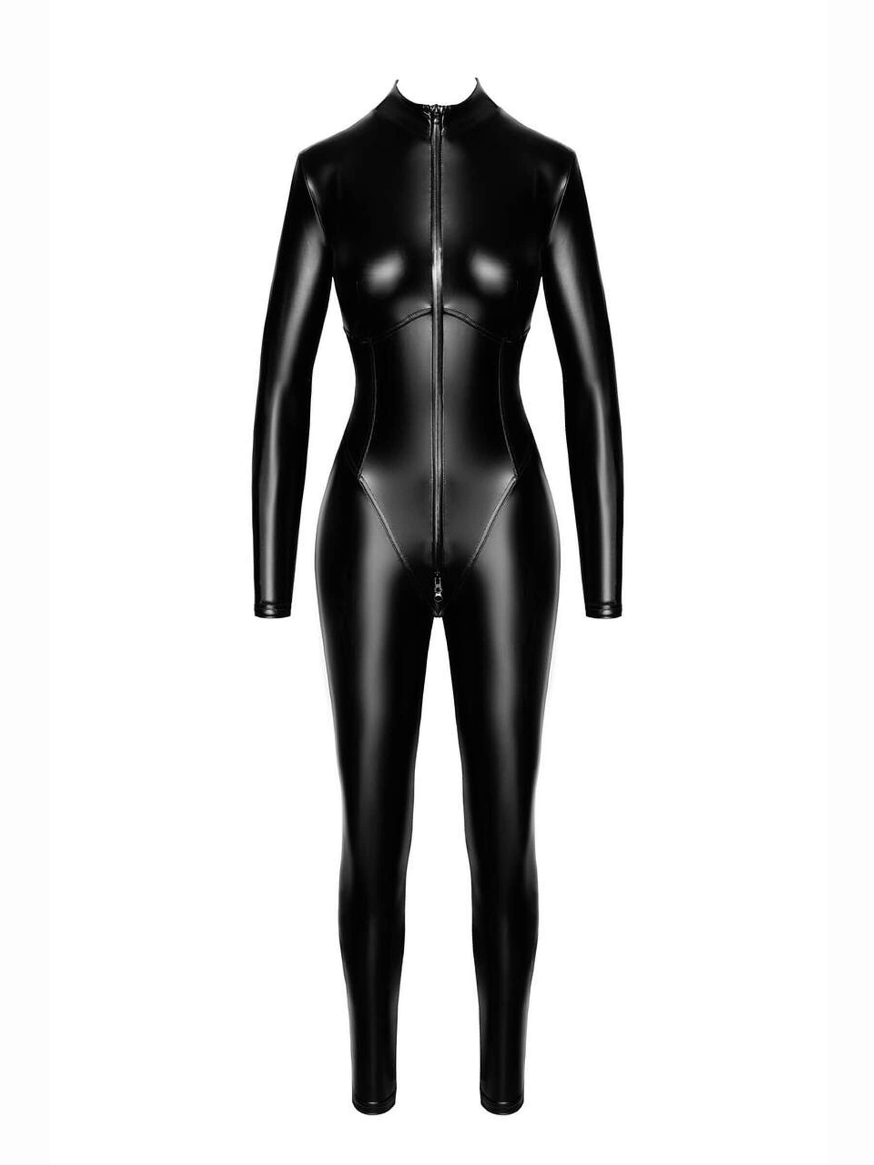 Schwarzer Catsuit Wetlook in Frontalansicht auf weißem Hintergrund, zeigt gesamten Schnitt und Design ohne Model.