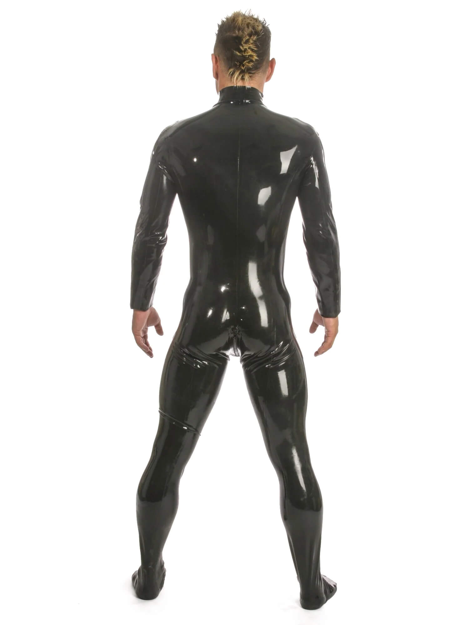 Langarmiger Herren Latex Catsuit mit Vorder-Reißverschluss und hohem Kragen und Füßen.