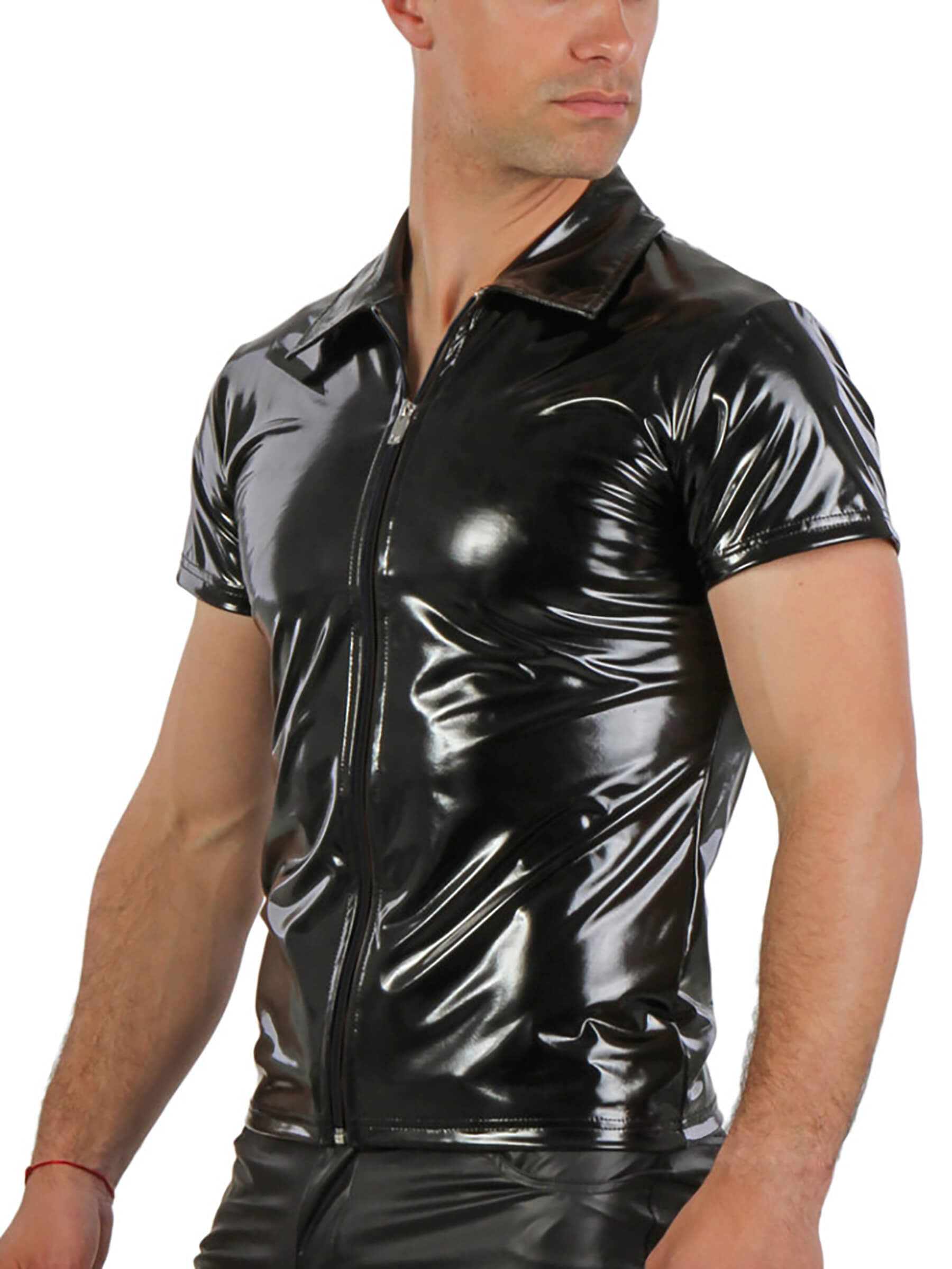 Men's patent leather shirt with zipper