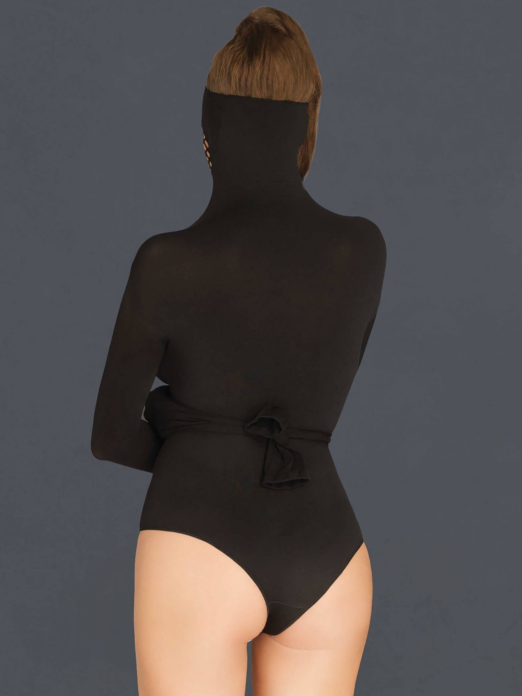 Opaque bodysuit with extra-long sleeves that can be tied.