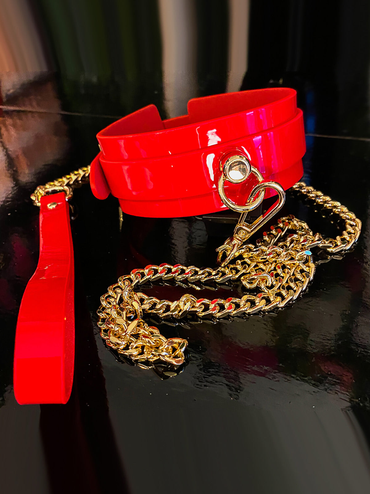 Rotes Hochglanz Halsband und Leine
