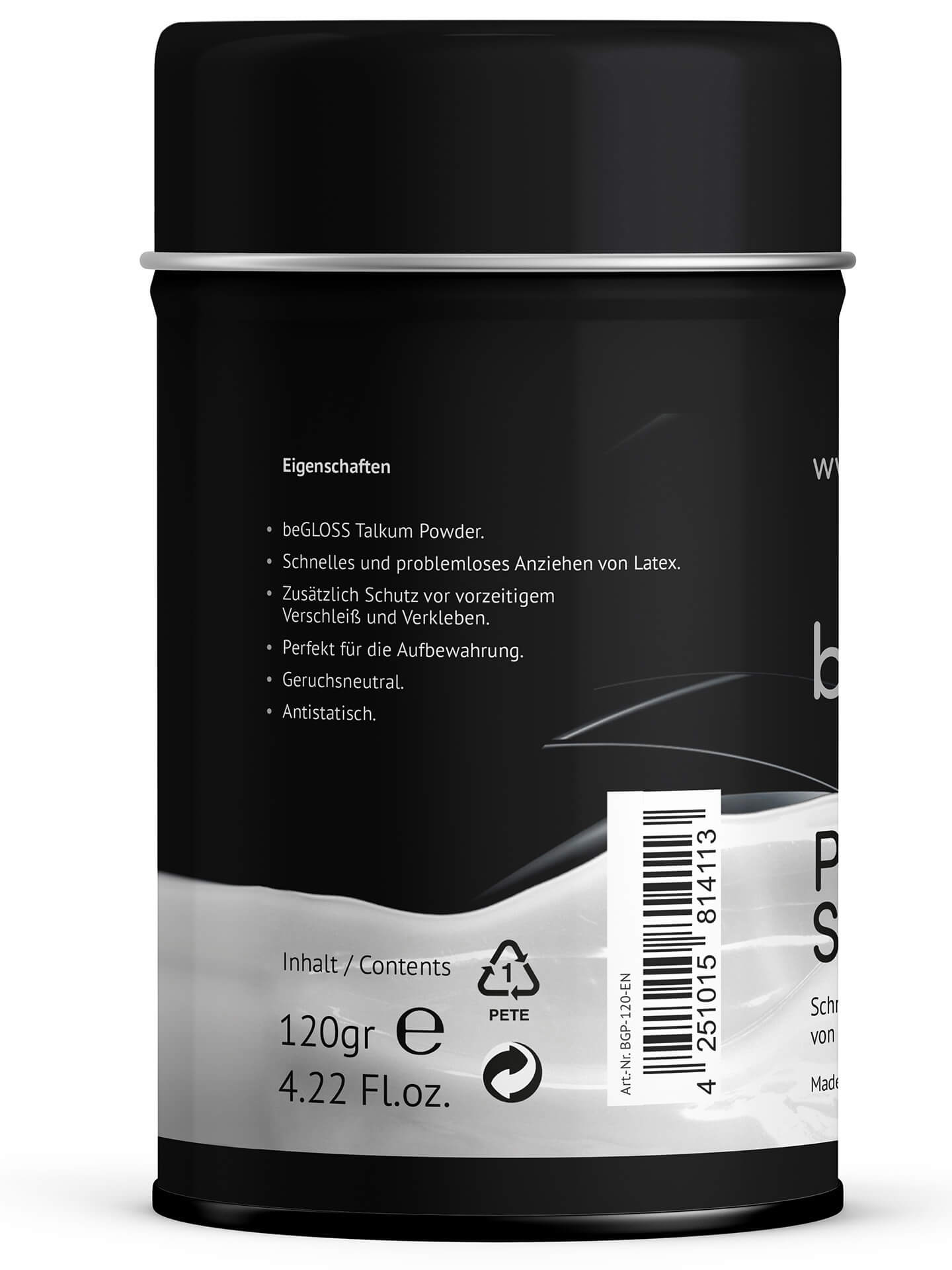 beGLOSS TALKUM POWDER Talkumpuder, Latexpuder, Latex puder, Gummianziehhilfe, Latexanziehhilfe, Gummipflegemittel, Begloss, Puder für Latex, Latex, Gummi, Latex einlagern, Gummieinlagern, Kleidung, Talkumpuder