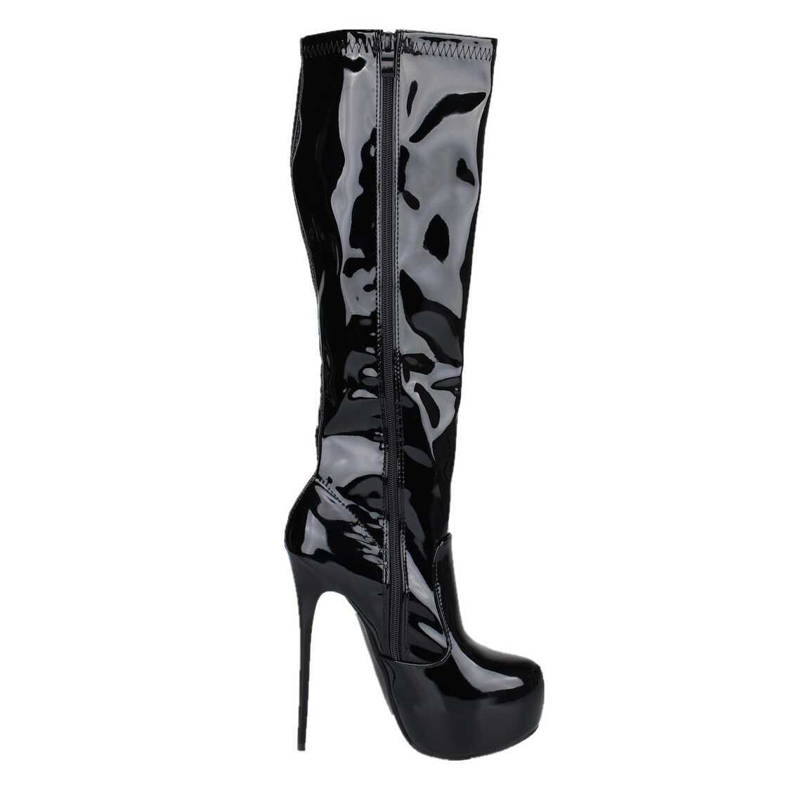Platform patent leather knee boots, black