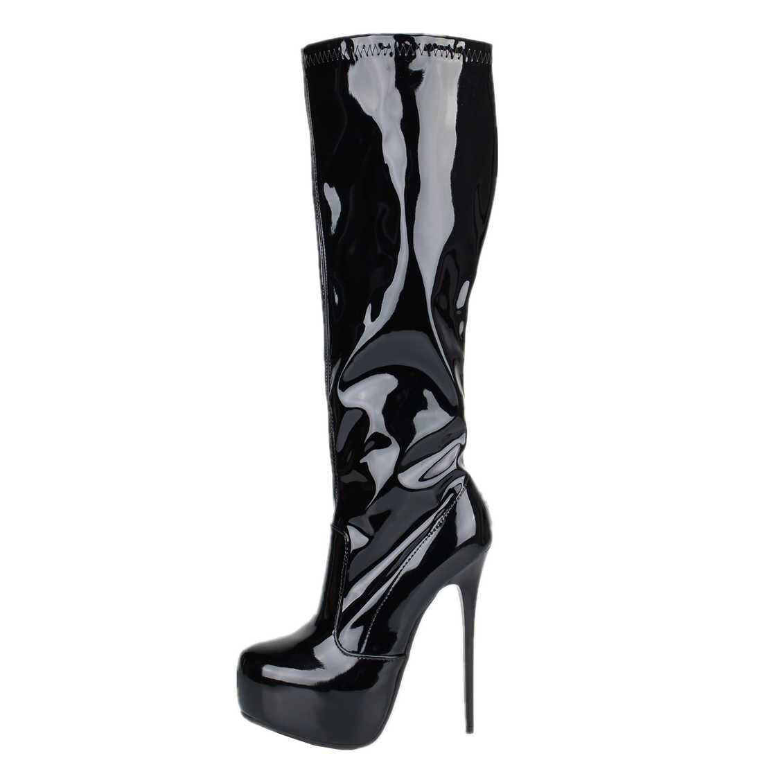 Platform patent leather knee boots, black