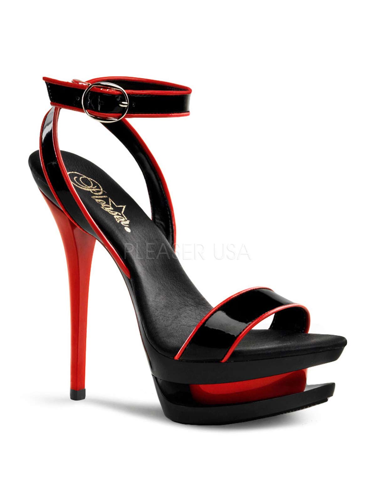 Plateausandalette, Satinschnürung, Plateausandale, Sandale, Lack Sandalette, roter Absatz, Lackschwarz, Damenplateauschuh, schwarzer Highheel, Stiletto, Lacksandale, Plateausandale, riemchen