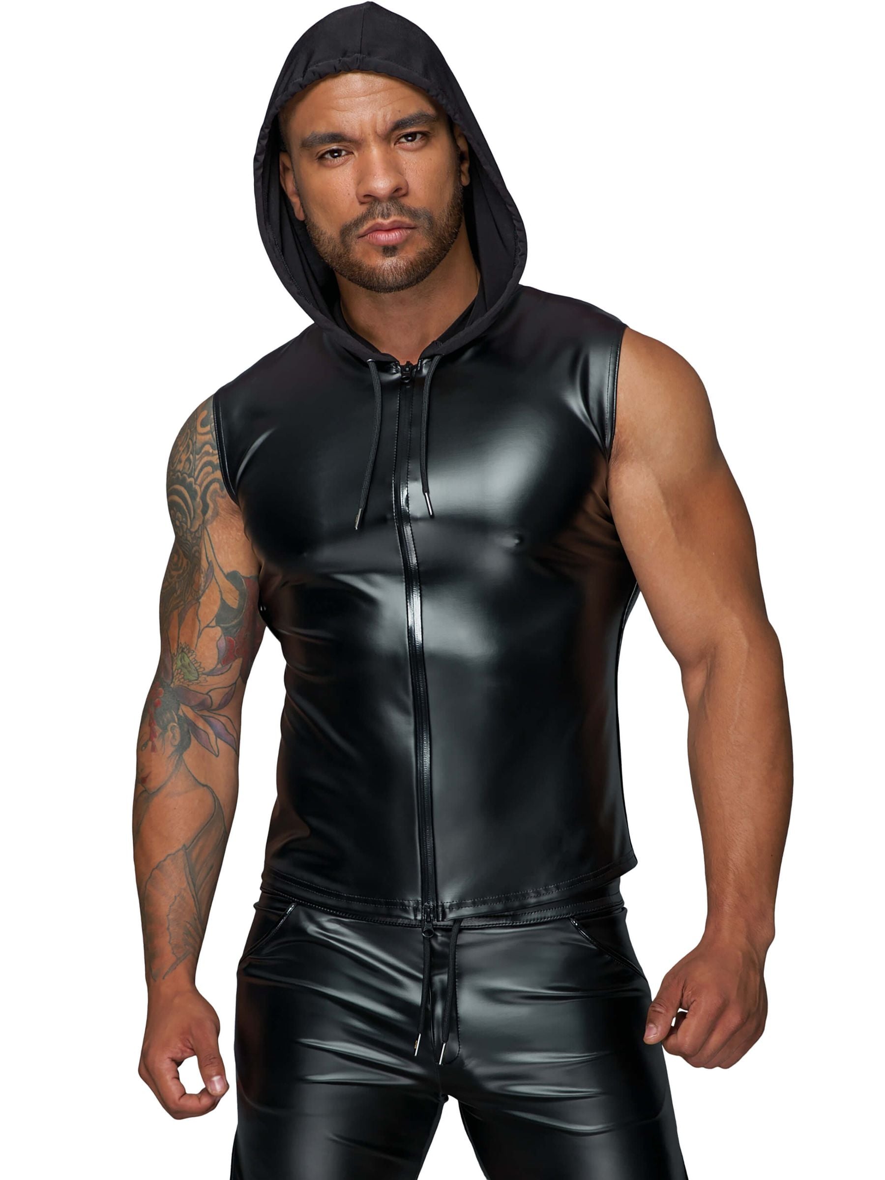 Hooded shirt with two-way zipper, sleeveless, wet look