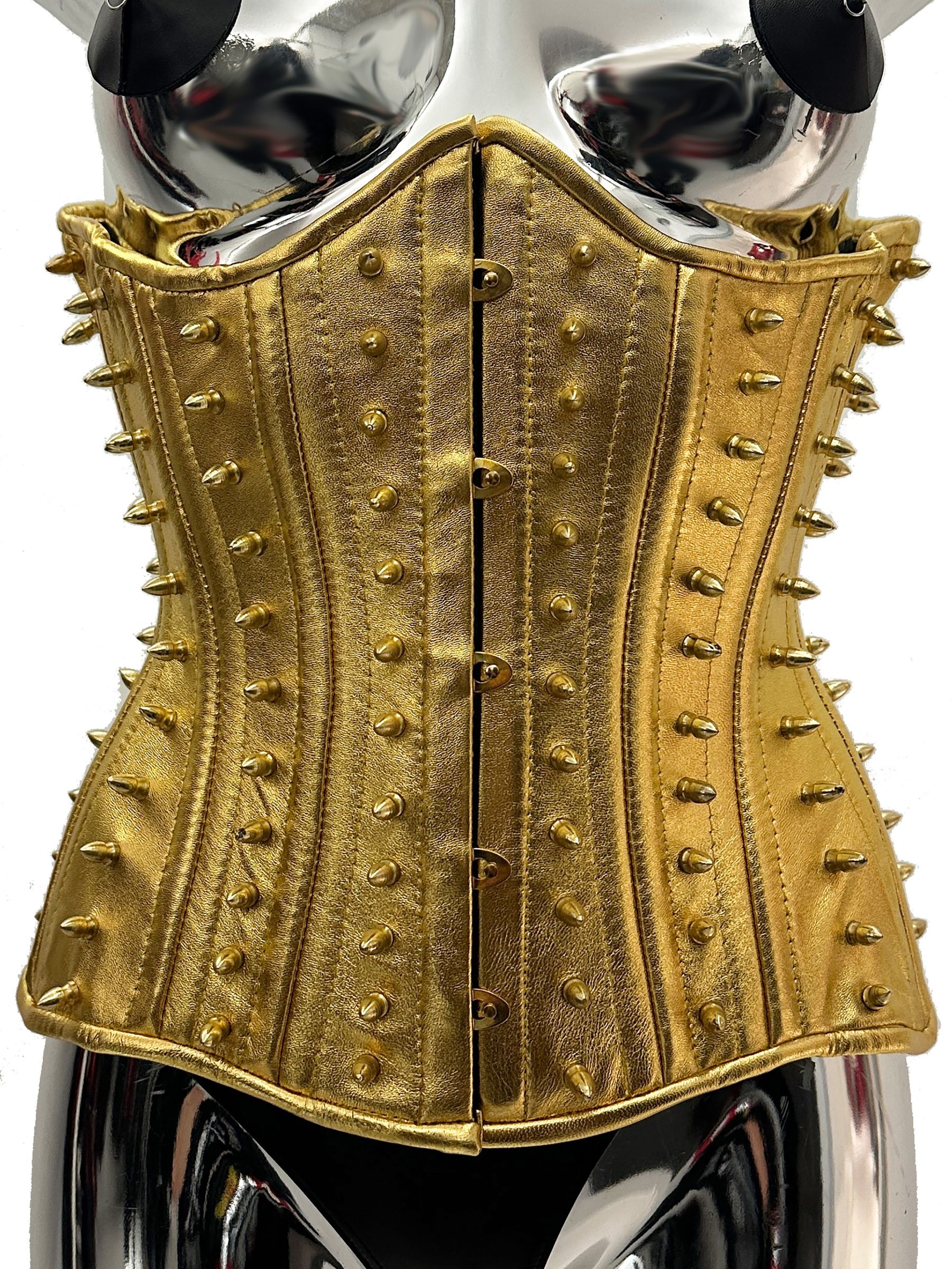 Goldenes Unterbrust-Lederkorsett mit Spikes – taillenformend, edgy, perfekt für Fetischmode und Clubwear-Outfits