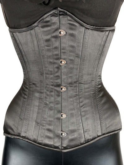 Unterbrustkorsett in schwarzem Satin mit Edelstahl-Haken, stark taillierend, ideal für Gothic- oder Fetisch-Outfits