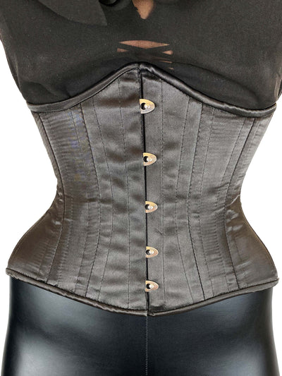 Unterbrustkorsett Samira aus schwarzem Satin mit Frontverschluss und figurformender Taille
