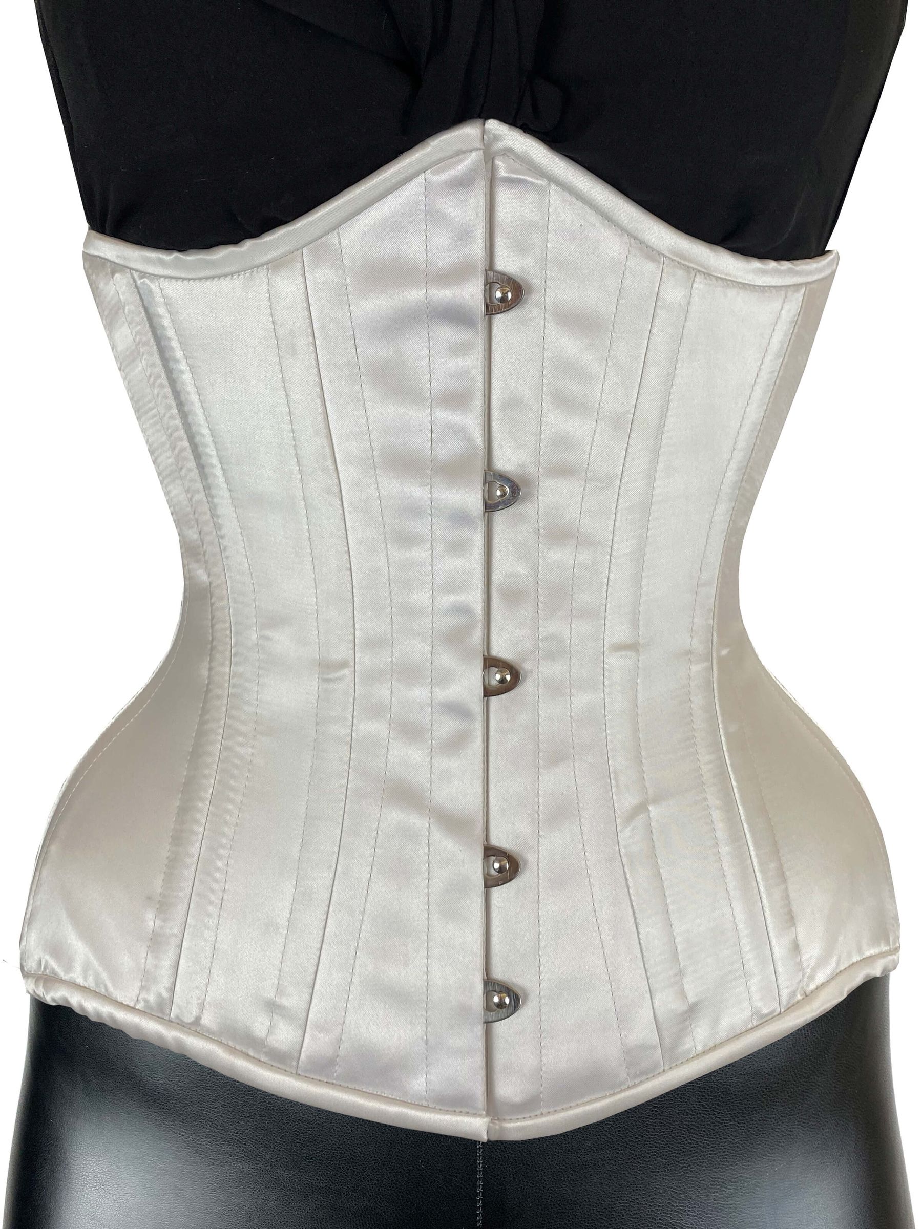 Satinweißes Unterbrustkorsett mit Edelstahl-Haken und Taillenformung, ideal für Hochzeit oder elegante Outfits