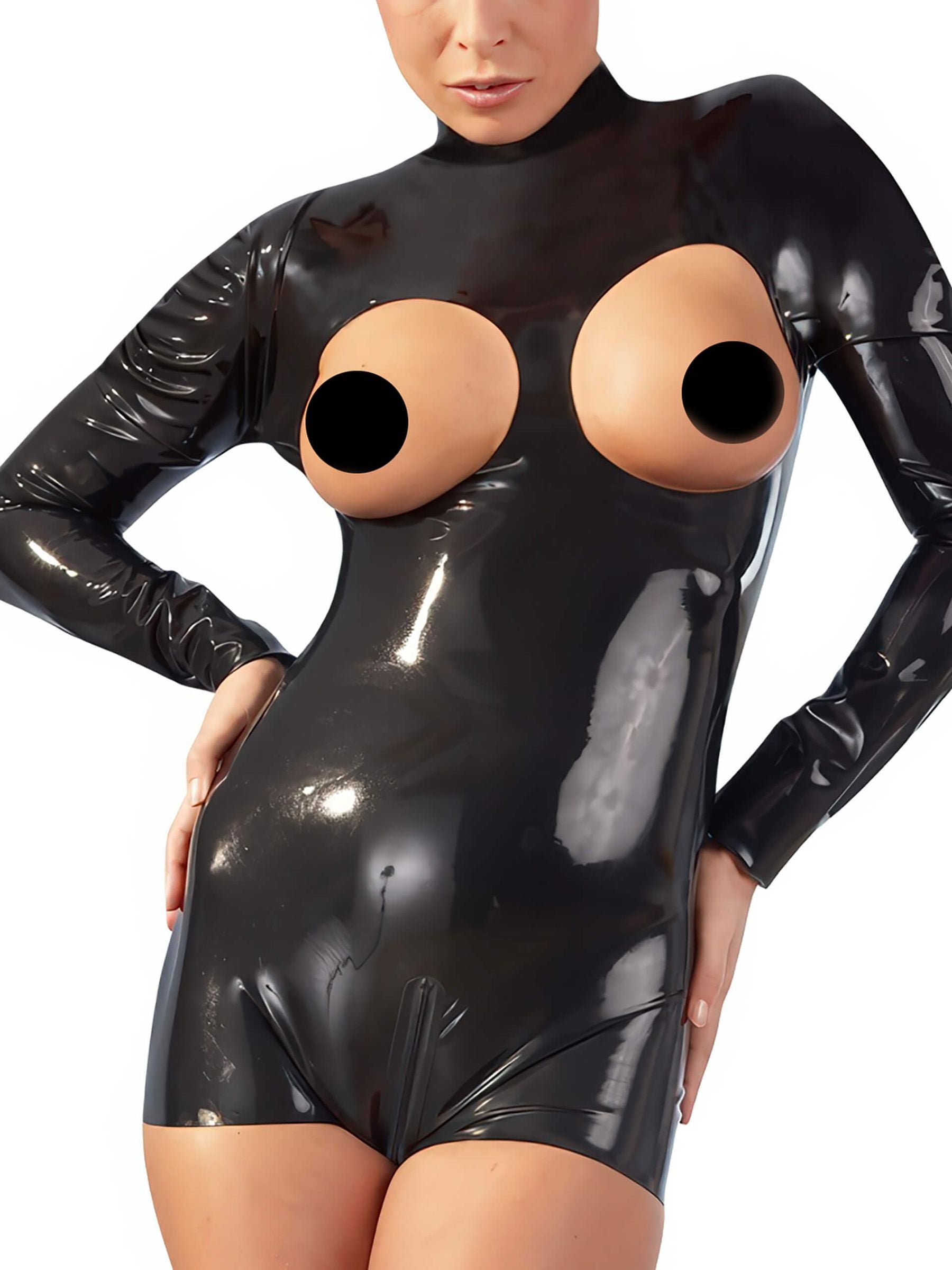 Latex Body schwarz, busenfrei mit langen Ärmeln und Stehkragen – glänzendes Fetish-Outfit aus Naturlatex