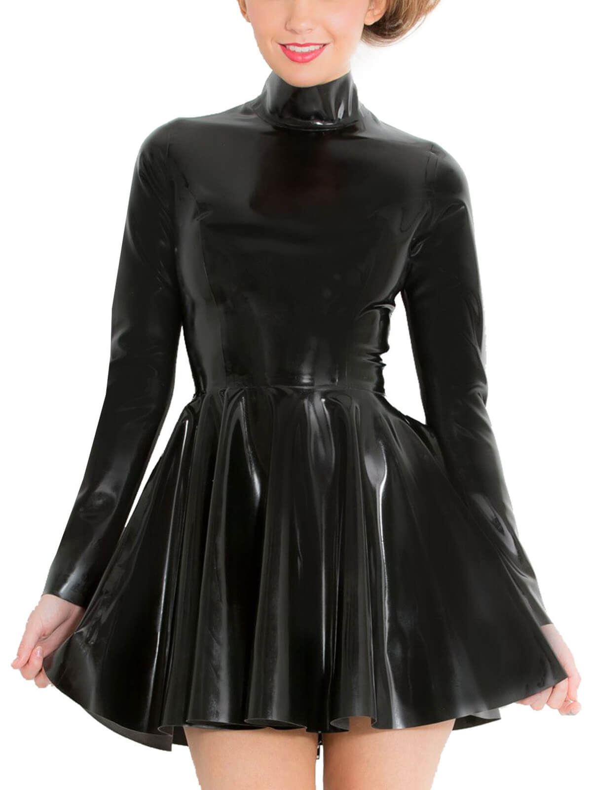 Schwarzes Latex Minikleid mit plissiertem Glockenrock und hohem Kragen – Vorderansicht