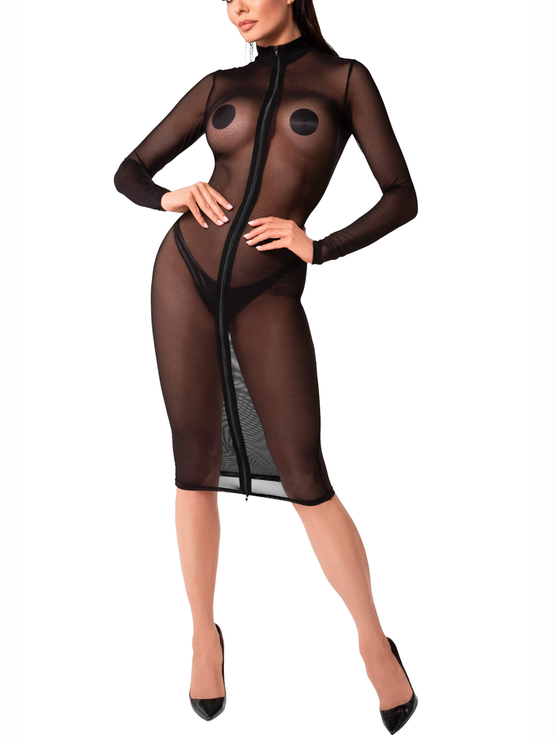 Dress made of elastic tulle with zipper