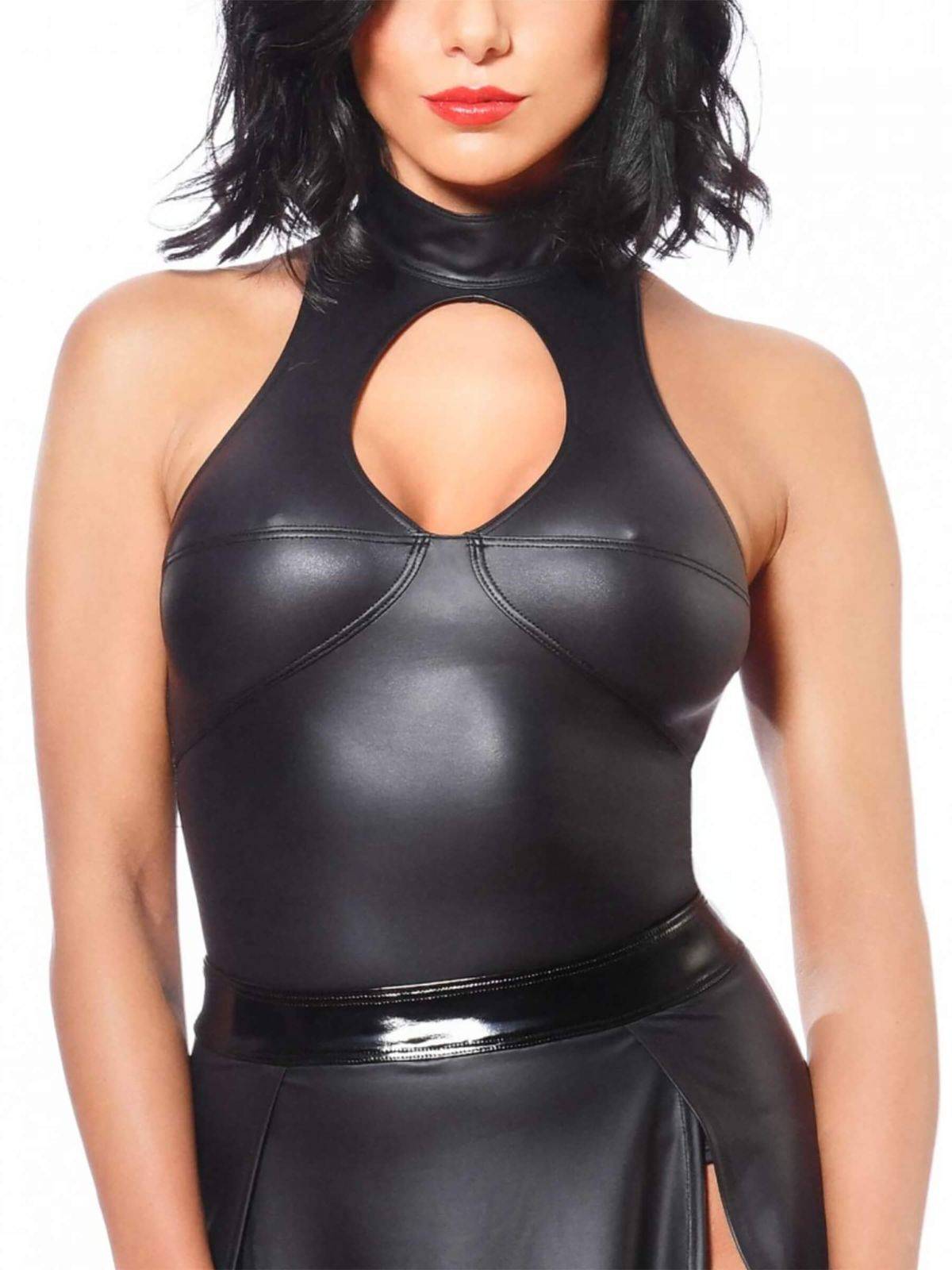 Kunstleder top, Wetlookoberteil, Wetlook, Damentop, Schwarz, Schwarzes leder top, Ledertop, Leder-top, Stretch, top aus Kunstleder, Damentop, Kurzes top, Ledertop schwarz, Kunstledertop, Black