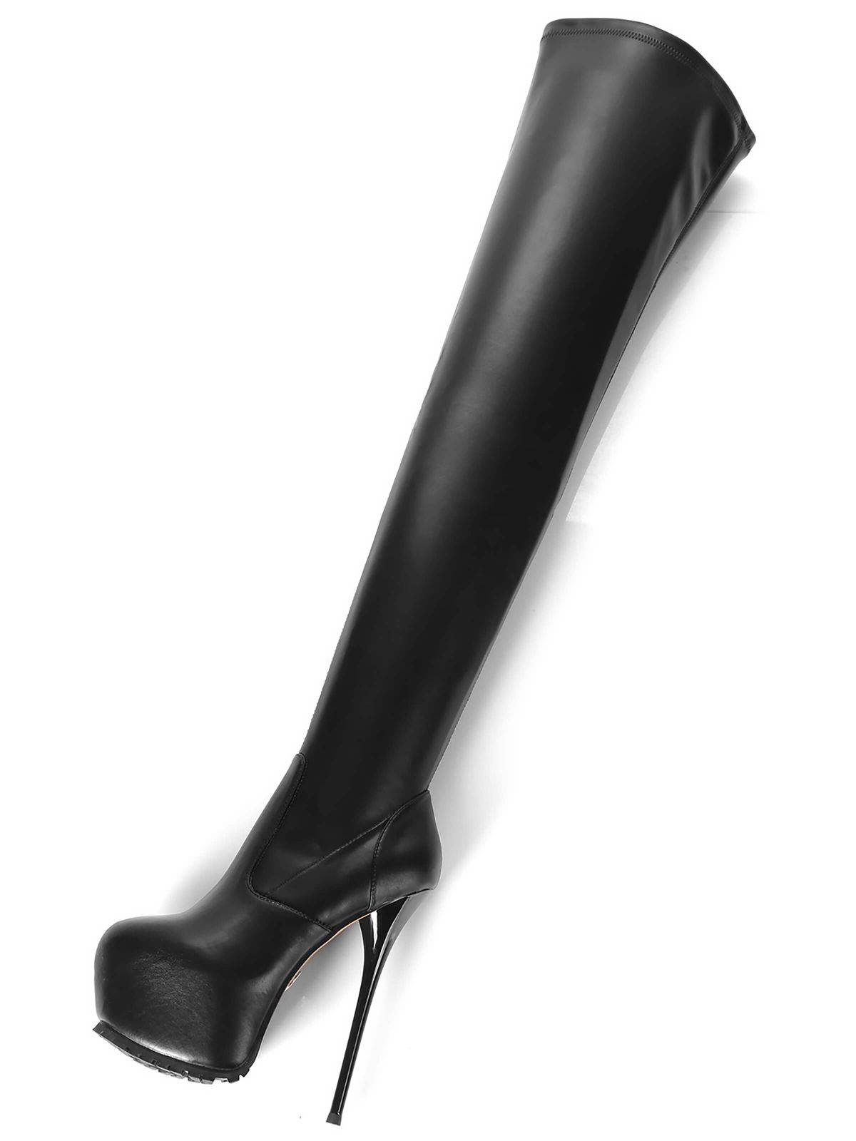 Kunstlederstiefel, Damenstiefel, Plateaustiefel, Plateaustiefel, Leder, Lederstiefel, Lederkniestiefel, Damenkniestiefel, Kniestiefel, Stretchstiefel, Leder-schwarz, Lederimitat, Kunstleder