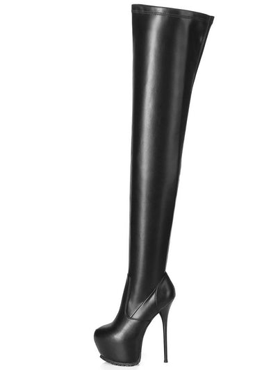 Kunstlederstiefel, Damenstiefel, Plateaustiefel, Plateaustiefel, Leder, Lederstiefel, Lederkniestiefel, Damenkniestiefel, Kniestiefel, Stretchstiefel, Leder-schwarz, Lederimitat, Kunstleder