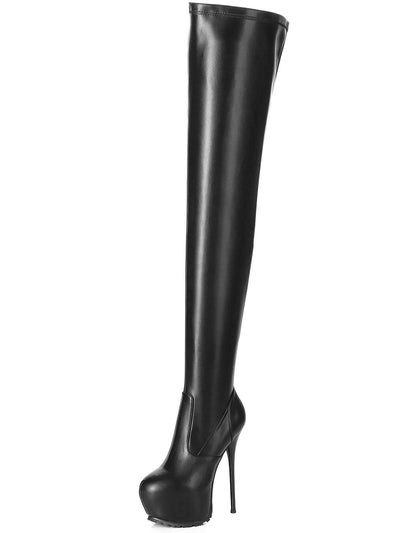 Kunstlederstiefel, Damenstiefel, Plateaustiefel, Plateaustiefel, Leder, Lederstiefel, Lederkniestiefel, Damenkniestiefel, Kniestiefel, Stretchstiefel, Leder-schwarz, Lederimitat, Kunstleder