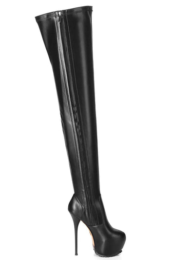 Kunstlederstiefel, Damenstiefel, Plateaustiefel, Plateaustiefel, Leder, Lederstiefel, Lederkniestiefel, Damenkniestiefel, Kniestiefel, Stretchstiefel, Leder-schwarz, Lederimitat, Kunstleder