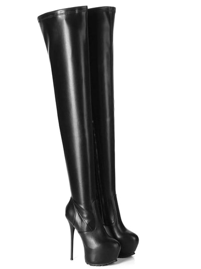 Kunstlederstiefel, Damenstiefel, Plateaustiefel, Plateaustiefel, Leder, Lederstiefel, Lederkniestiefel, Damenkniestiefel, Kniestiefel, Stretchstiefel, Leder-schwarz, Lederimitat, Kunstleder