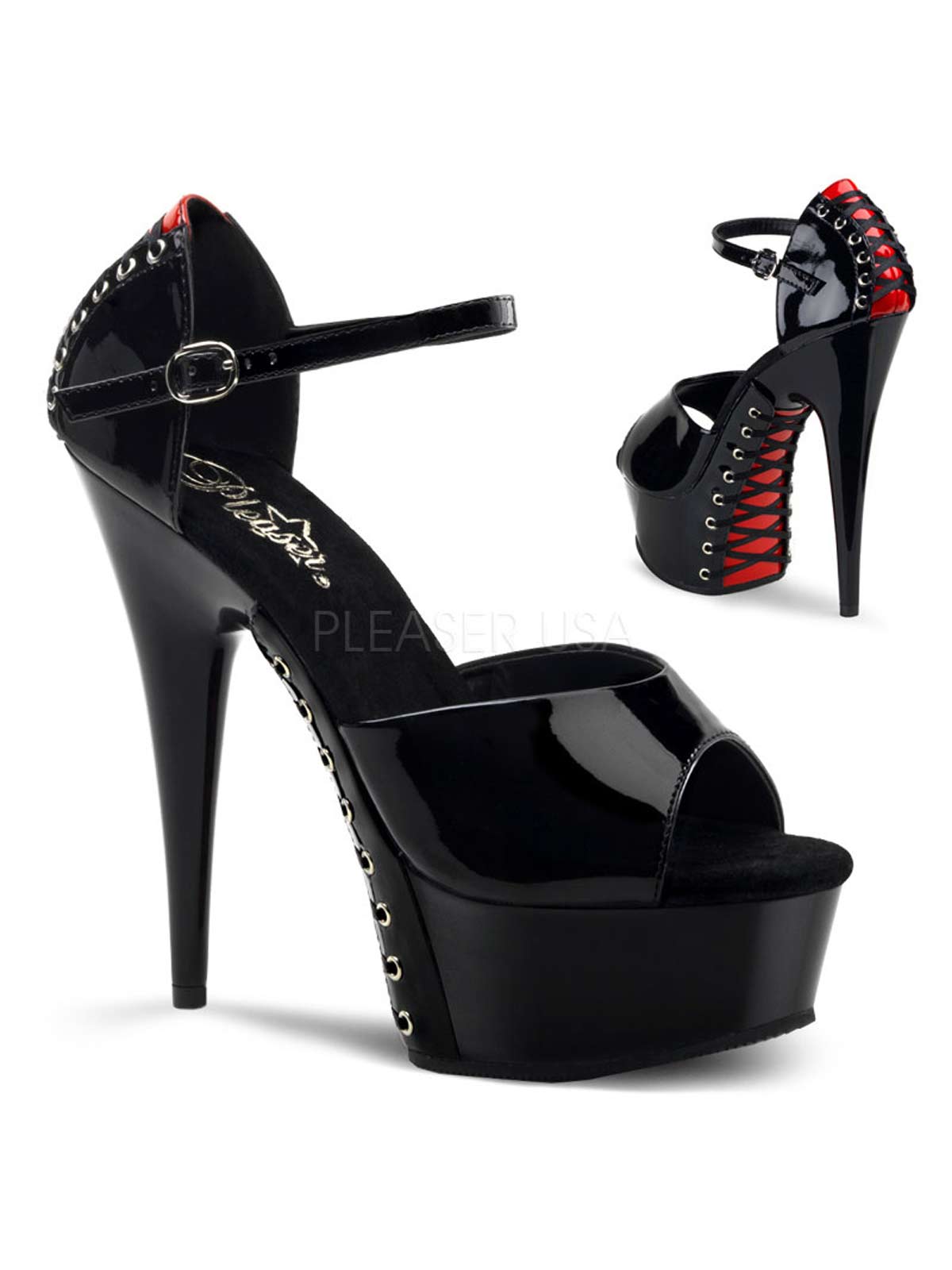 Plateausandalette, satinschnürung, Plateausandale, Sandale, Lack Sandalette, Riemchen Heels, Lackschwarz, Damenplateauschuh, schwarzrot, Stiletto, Lacksandale, Plateausandale, reimchen