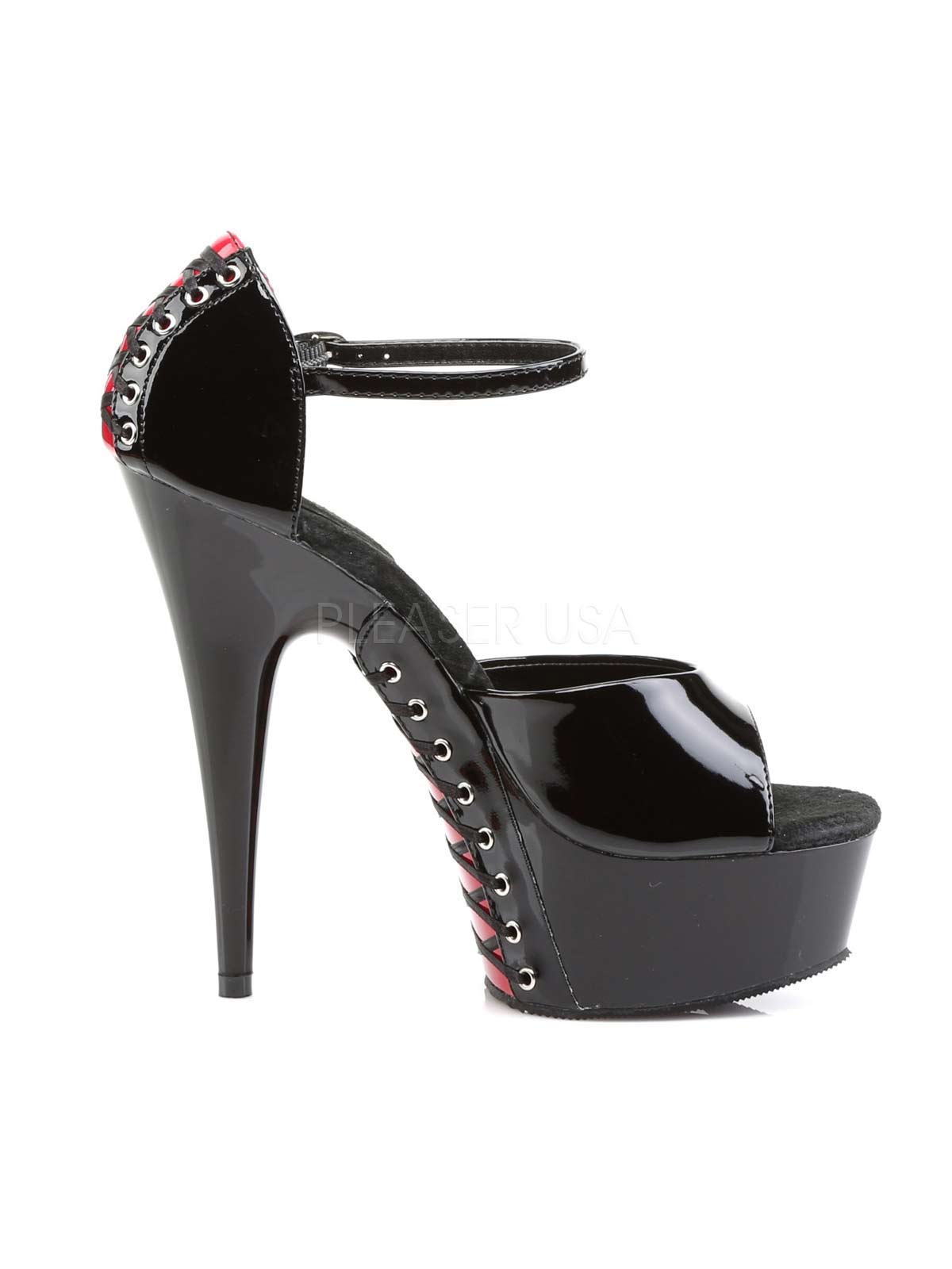 Plateausandalette, satinschnürung, Plateausandale, Sandale, Lack Sandalette, Riemchen Heels, Lackschwarz, Damenplateauschuh, schwarzrot, Stiletto, Lacksandale, Plateausandale, reimchen